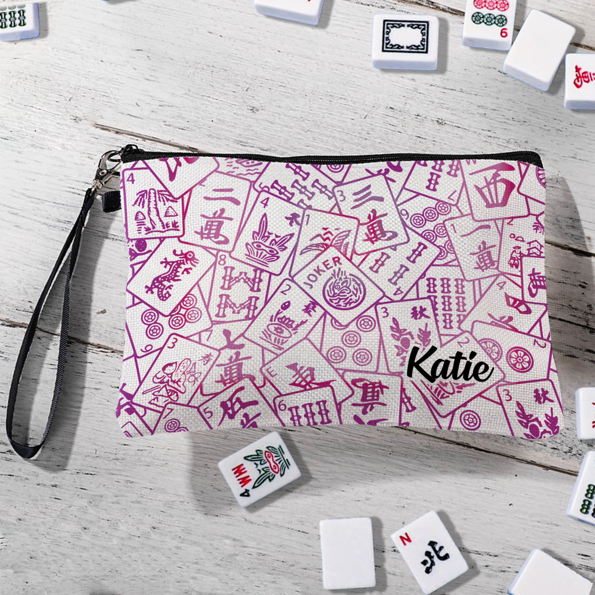 Borsetta in lino personalizzata con nome Mahjong multicolore, con cerniera e cinturino da polso Accessorio portatile per la notte del Mahjong Regalo d