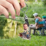 Personalised Face Photo Cartoon Fishing Design Acrylic Keychain with Tassel Father's Day Birthday Gift for Fishing Enthusiasts Men