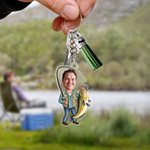 Personalised Face Photo Cartoon Fishing Design Acrylic Keychain with Tassel Father's Day Birthday Gift for Fishing Enthusiasts Men