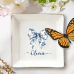 Personlig blå rosett fyrkantig rund keramisk smyckesskål med namn heminredning födelsedag årsdag present till kvinnor smyckesentusiaster