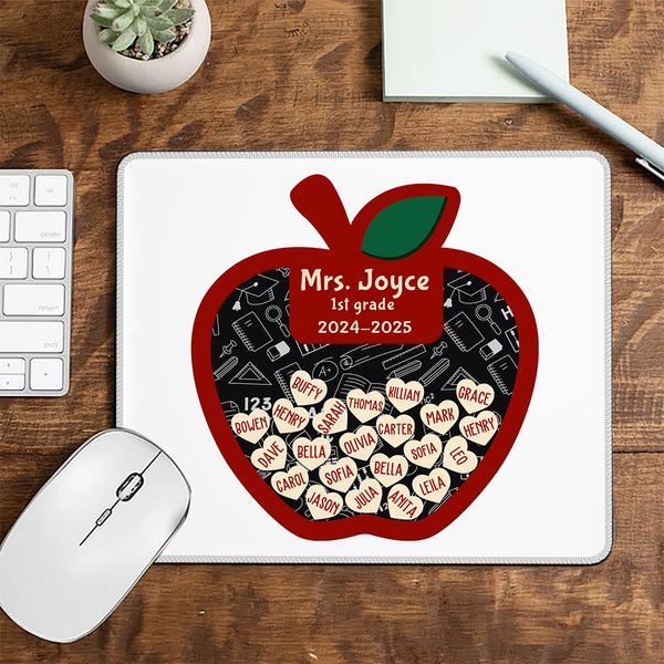 Personalised Apple Design Non-Slip Mouse Pad with 1-35 Names Office Supplies Back to School Teacher's Day Appreciation Gift for Teacher