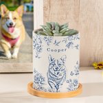 Personalised Toile De Jouy Flower Pet Photo Ceramic Planter Pot with Name Drainage Hole and Bamboo Base Loss of Pet Memorial Gift for Pet Owner
