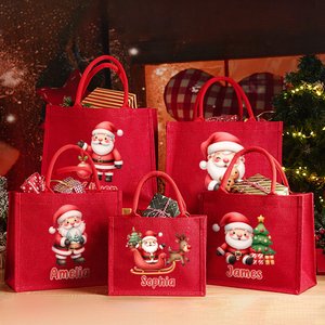 Personalised Cute Santa Character Large Red Jute Tote Bag with Name Daily Use Christmas Party Gift for Family Friends