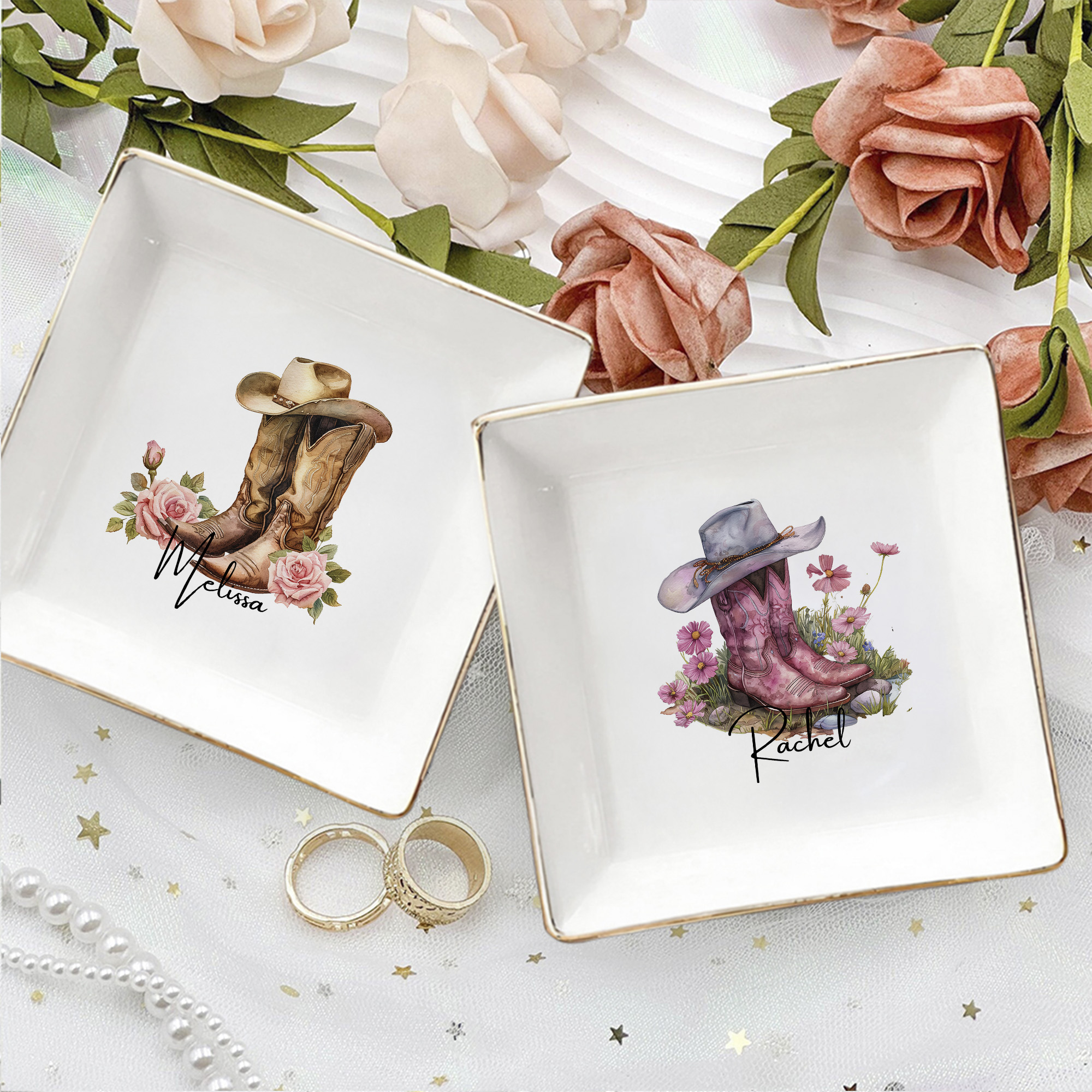 Chapeau de Cowgirl Vintage Personnalisé bottes de naissance fleur en céramique Plat à bijoux avec nom Engagement Bridal Shower Cadeau de mariage pour les femmes