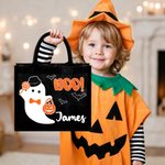 Personifierad söt Boo tecknad pojke flicka spöke stor bärbar svart tygkasse med namn Halloween festgåva för barn