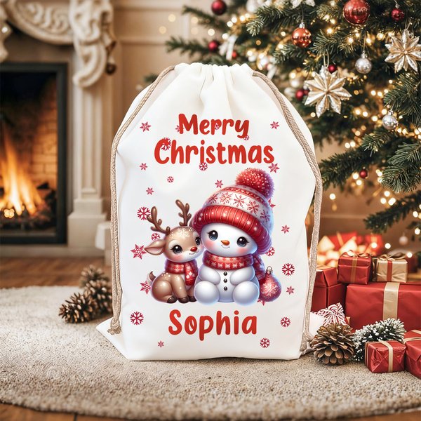 Personalised Merry Christmas Cute Snowman Drawstring Canvas Gift Bag with Name Christmas Party Gift for Kids Family