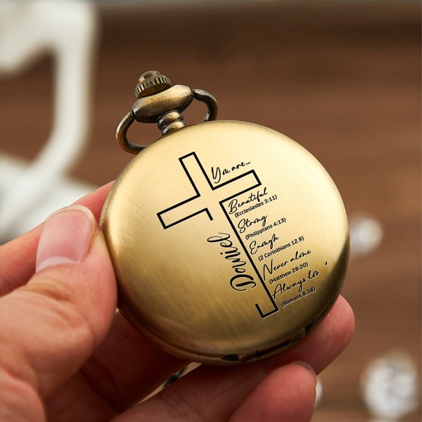 Personalised Bible Christian Cross Pocket Watch with Engraved Name Birthday Graduation Christening Gift for Christen Father Son
