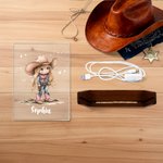 Personalised Cartoon Cowgirl Acrylic LED Night Light with Wooden Base and Name Room Decor Birthday Christmas Gift for Kids Cowgirl Lovers
