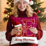 Personalized Merry Christmas Cute Cartoon Character Plaid Throw Pillow Cover with Name Home Decor Christmas Gift for Family Friends