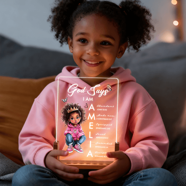 Personalized Cartoon Black Girl Bible Verse Name Acrylic LED Night Light with Wooden Base Room Decor Birthday Christmas Gift for Girl
