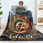 Personalised 3D Dinosaur Multicolour Soft Throw Blanket with Initial and Name Home Decor Christmas Gift for Kids