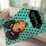 Personalized Polka Dots Cute Cartoon Little Girl Soft Throw Blanket with Name Home Decor Birthday Gift for African American Girl
