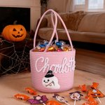 Personlig Pumpa Spökansikte Foto Halloween Tema Bomullsrepkorg med namn Trick eller godis Halloween Present till flicka pojke barn