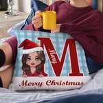 Personalized Merry Christmas Cute Cartoon Character Plaid Throw Pillow Cover with Name Home Decor Christmas Gift for Family Friends