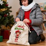 Personalised Merry Christmas Cute Cartoon Elf Canvas Drawstring Gift Bag with Name Christmas Party Favors for Kids Family