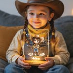 Personalised Cartoon Cowgirl Acrylic LED Night Light with Wooden Base and Name Room Decor Birthday Christmas Gift for Kids Cowgirl Lovers