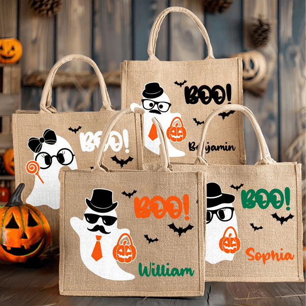 Personlig Boo Tecknad pojke flicka spöke Stor bärbar jute Tote Bag med namn Halloween Festival Present till barn