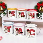 Personalized Cartoon Christmas Elf Initial 12 oz Colored Rim Enamel Mug with Name Christmas Gift for Kids