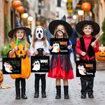 Personifierad söt Boo tecknad pojke flicka spöke stor bärbar svart tygkasse med namn Halloween festgåva för barn