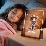 Personalised Cartoon Cowgirl Acrylic LED Night Light with Wooden Base and Name Room Decor Birthday Christmas Gift for Kids Cowgirl Lovers