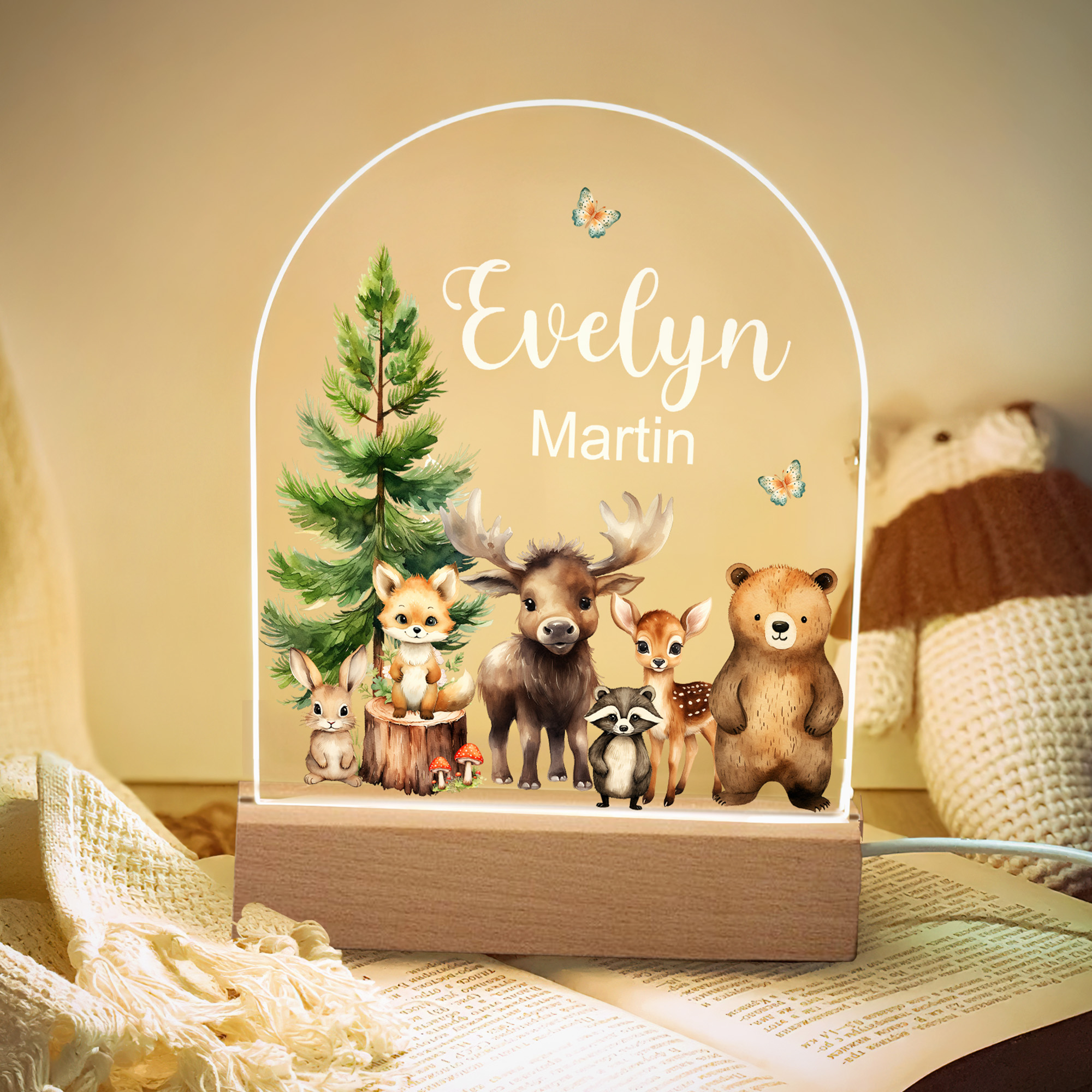 Veilleuse en acrylique personnalisée avec nom et socle en bois Décoration de chambre Noël Anniversaire Cadeau pour filles Garçons