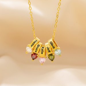 Personalised Family Heart Birthstone Necklace with 1- 5 Names Dainty Jewellery Anniversary Mother's Day Birthday Gift for Mom Grandma