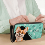 Personalized Cartoon Dog Name Large PU Leather Hand Wallet with Multiple Compartments Metal Zipper Birthday Anniversary Gift for Dog Pet Lovers