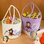 Personlig Pumpa Spökansikte Foto Halloween Tema Bomullsrepkorg med namn Trick eller godis Halloween Present till flicka pojke barn