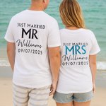 Personalizada Just Married Mrs Mr Multicolor 100% Algodón Camiseta con Nombre Boda Bridal Shower Luna de Miel Regalo para Novia Novio Pareja