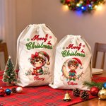 Personalised Merry Christmas Cute Cartoon Elf Canvas Drawstring Gift Bag with Name Christmas Party Favors for Kids Family