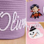 Personlig Pumpa Spökansikte Foto Halloween Tema Bomullsrepkorg med namn Trick eller godis Halloween Present till flicka pojke barn