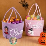 Personlig Pumpa Spökansikte Foto Halloween Tema Bomullsrepkorg med namn Trick eller godis Halloween Present till flicka pojke barn