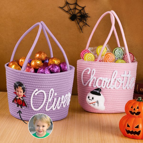 Personlig Pumpa Spökansikte Foto Halloween Tema Bomullsrepkorg med namn Trick eller godis Halloween Present till flicka pojke barn