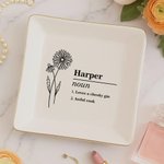 Personalized Birth Flower Ceramic Trinket Jewelry Dish with Name Definition Beautiful Home Decor Birthday Wedding Bridesmaid Gift for Women