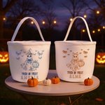 Personlig Spooky Ghost Pumpkin Toile De Jouy Canvas Halloween-korg med namn Halloween-festgåva för barnfamilj