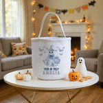 Personlig Spooky Ghost Pumpkin Toile De Jouy Canvas Halloween-korg med namn Halloween-festgåva för barnfamilj