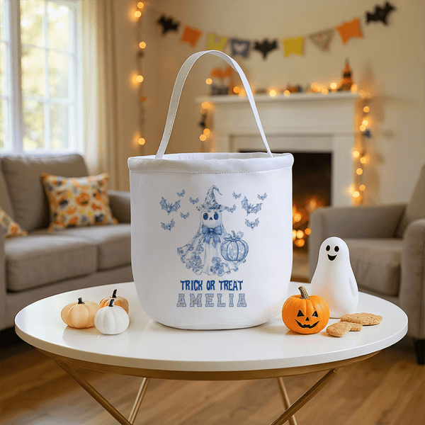 Personlig Spooky Ghost Pumpkin Toile De Jouy Canvas Halloween-korg med namn Halloween-festgåva för barnfamilj