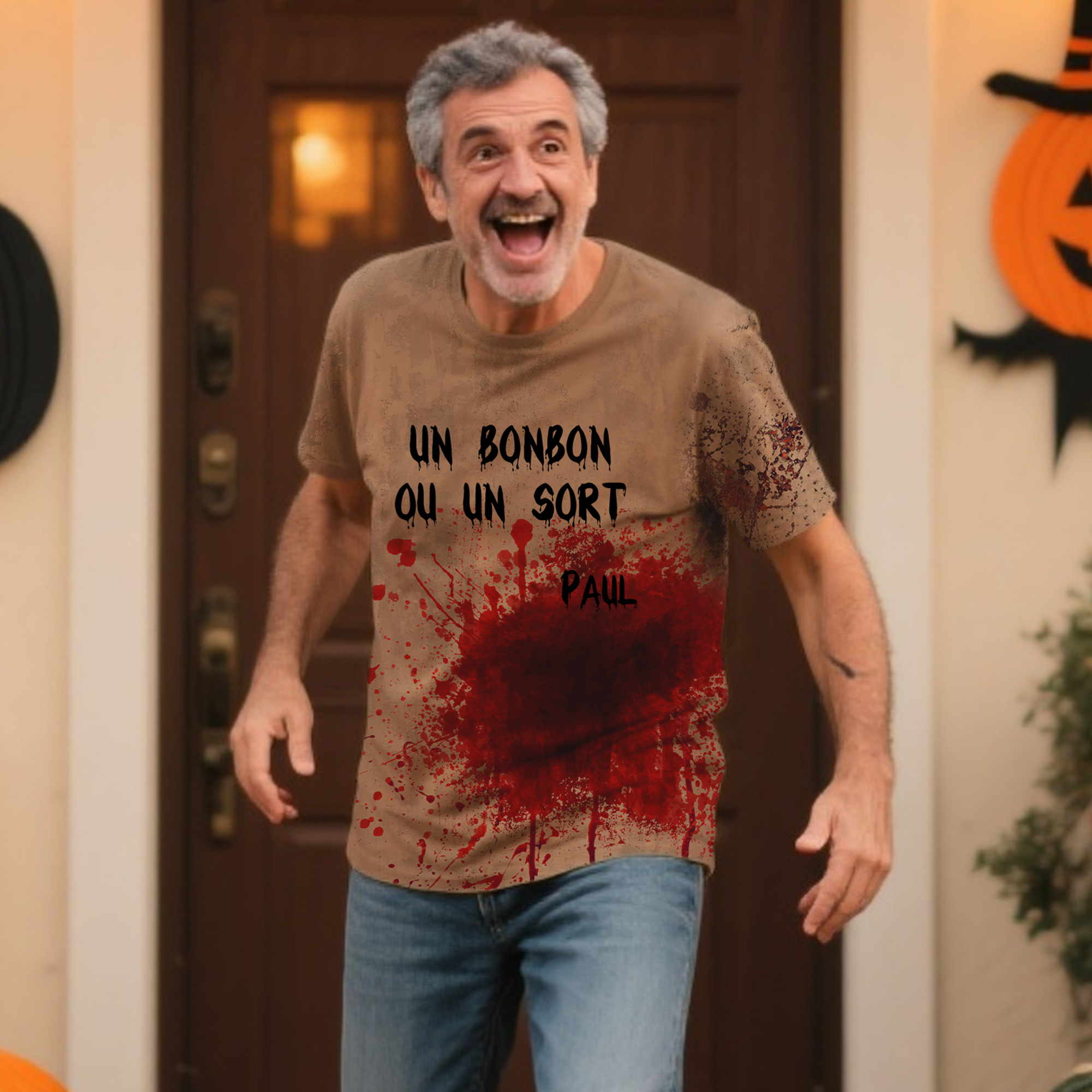 T-shirt Personnalisé avec Texte et Nom Thème de Halloween Style Sanglant Cadeau de Fête pour Homme