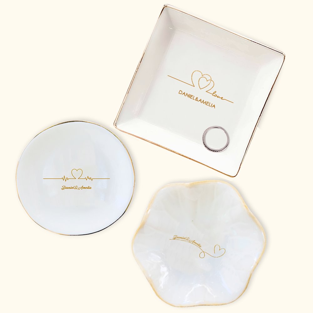 Plaque à bagues en céramique personnalisée avec bordure dorée et noms Cadeau de mariage et de fiançailles de la Saint-Valentin pour couple