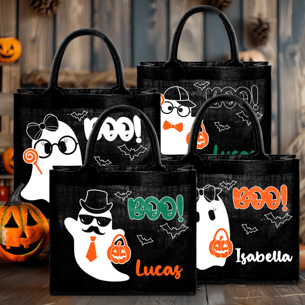 Personifierad söt Boo tecknad pojke flicka spöke stor bärbar svart tygkasse med namn Halloween festgåva för barn