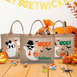 Personlig Boo Tecknad pojke flicka spöke Stor bärbar jute Tote Bag med namn Halloween Festival Present till barn