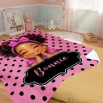Personalized Polka Dots Cute Cartoon Little Girl Soft Throw Blanket with Name Home Decor Birthday Gift for African American Girl