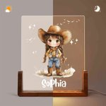 Personalised Cartoon Cowgirl Acrylic LED Night Light with Wooden Base and Name Room Decor Birthday Christmas Gift for Kids Cowgirl Lovers