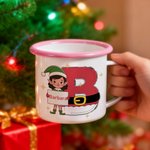 Personalized Cartoon Christmas Elf Initial 12 oz Colored Rim Enamel Mug with Name Christmas Gift for Kids