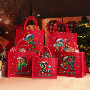 Personalized Santa Hat Colour Lights Reusable Red Jute Tote Gift Bag with Initial and Name Christmas Party Gift for Family Kids