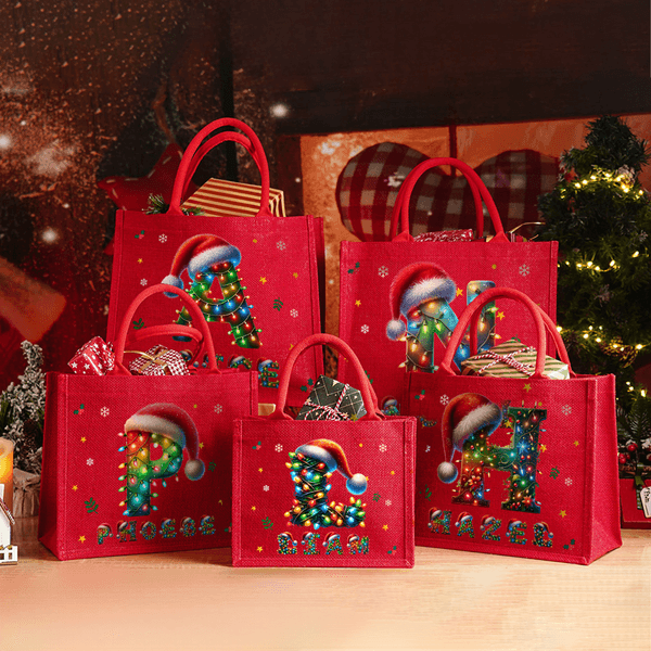 Personalized Santa Hat Color Lights Reusable Red Jute Tote Gift Bag with Initial and Name Christmas Party Gift for Family Kids
