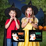 Personifierad söt Boo tecknad pojke flicka spöke stor bärbar svart tygkasse med namn Halloween festgåva för barn