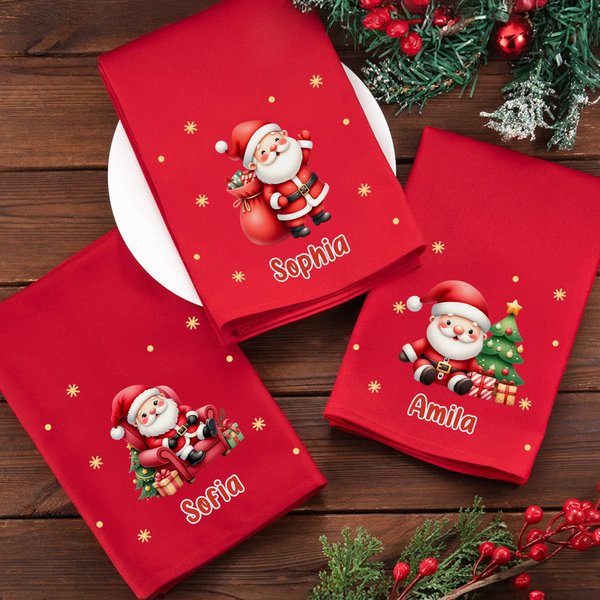 Serviette de Table en Coton Personnalisée avec Nom et Motif de Père Noël Accessoire Réutilisable Cadeau de Noël pour la Famille les Amis