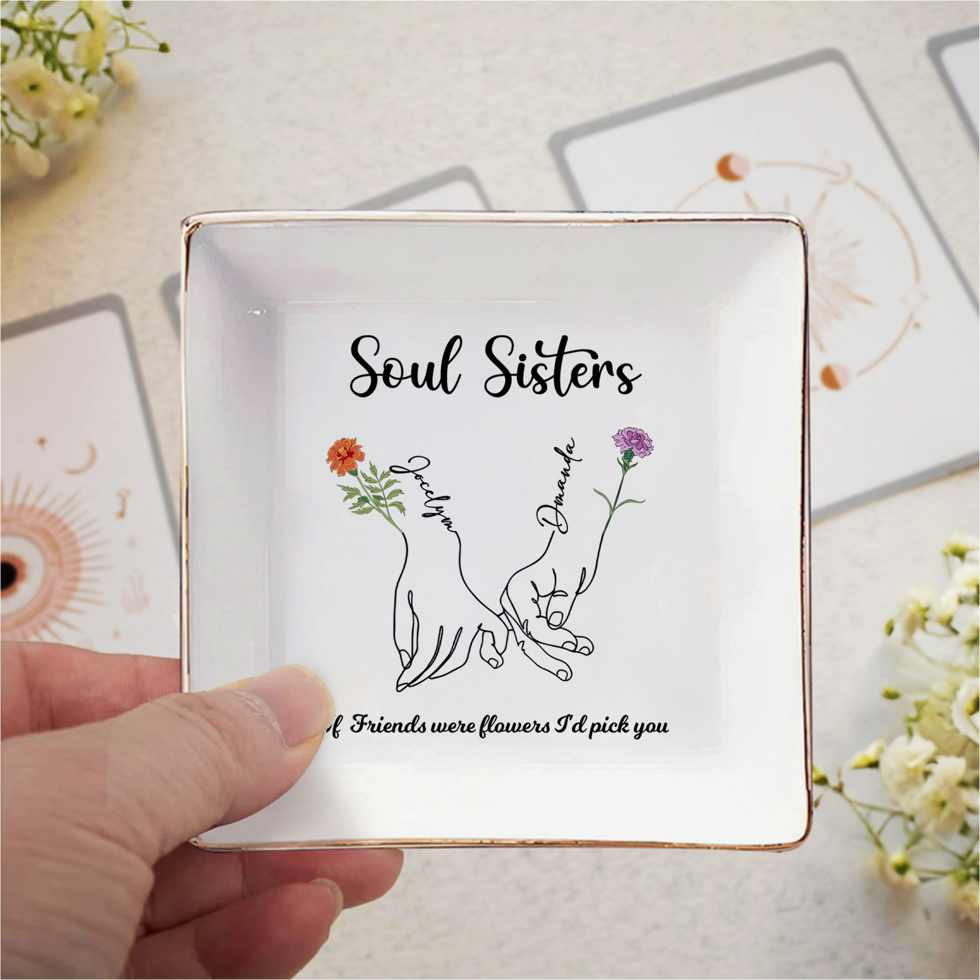 Plat à bijoux personnalisé avec texte pour les mains et les fleurs de naissance Cadeau d'anniversaire pour les amis