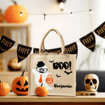 Personlig Boo Tecknad pojke flicka spöke Stor bärbar jute Tote Bag med namn Halloween Festival Present till barn